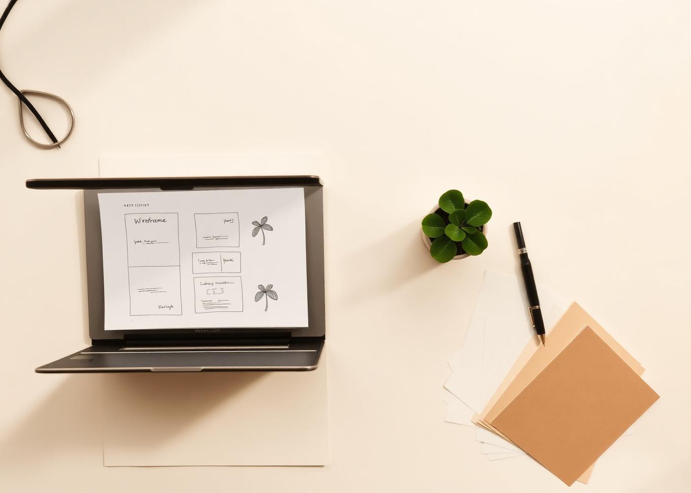 A designer's desk with wireframe sketches and paper swatches